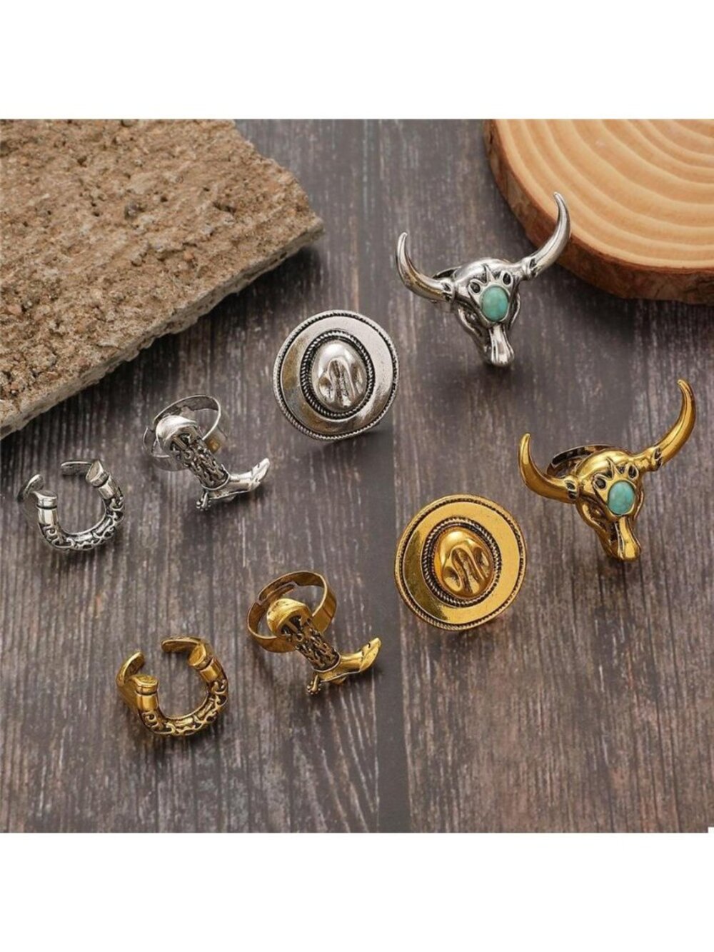 4 Piece Vintage Western Style Bull Head Rings